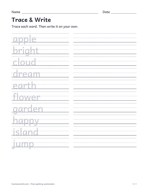 Trace & Write spelling worksheet with lightly shaded words and handwriting lines